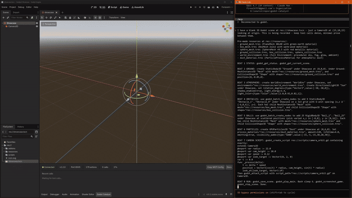 Claude Code driving Godot Catalyst — creating scenes, wiring signals, and running the game from an MCP session